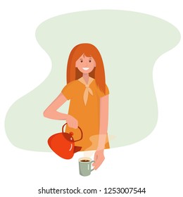 Girl or woman pours a cup of tea or coffee, vector illustration in modern flat style.