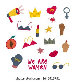 Girl Woman power illustration sticker set feminist. Female inspiration graphic design typography element. Hand drawn flat objects. Simple vector symbol. Megaphone speaker fist glasses crown venus star