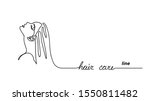 Girl, woman profile, face. Hair care line: shampoo, hair conditioner, hair mask promotion. Simple  vector banner. One continuous line drawing background.