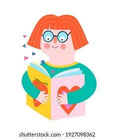 Girl or woman reading a book wearing glasses, simple shapes flat colorful graphic design. Modern abstract cartoon design. Vector flat style illustration.