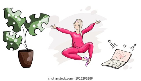 A girl, a woman in a red suit is engaged in stretching. Vector illustration.