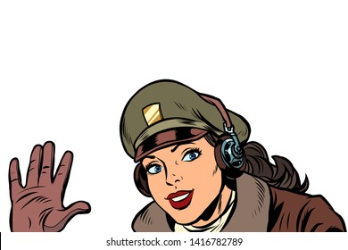 girl woman retro Aviator pilot welcome gesture. Pop art vector illustration vintage kitsch