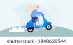 Girl, woman riding a bike, scooter. Blue background. Vector illustration	