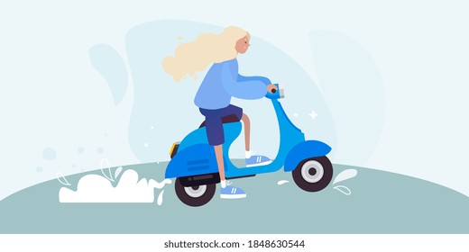 Girl, woman riding a bike, scooter. Blue background. Vector illustration	