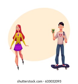 Girl, woman riding roller skates and boy, man standing on skateboard, personal urban transport, cartoon vector illustration with space for text. Girl roller skating, man on skateboard