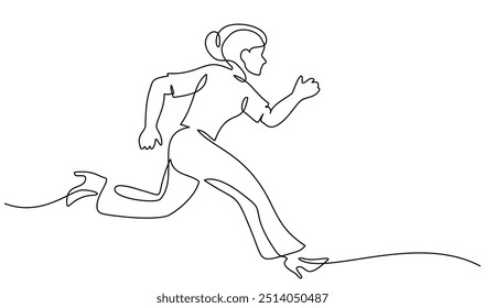 Niña o mujer corriendo, apresurándose y corriendo hacia los objetivos y aspiraciones de éxito. Concepto de estilo de vida rápido. Dibujo continuo de una línea. Ilustración vectorial