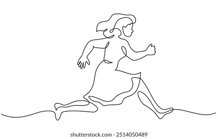 Niña o mujer corriendo, apresurándose y corriendo hacia los objetivos y aspiraciones de éxito. Concepto de estilo de vida rápido. Dibujo continuo de una línea. Ilustración vectorial