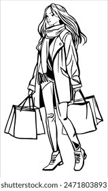 Girl Woman Sale Fashion Shopping Black and White Hand Drawn Illustration