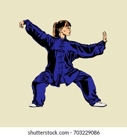 Girl woman showing Wushu sports position, kung fu isolated on white background. Art of wushu. Vector illustration.