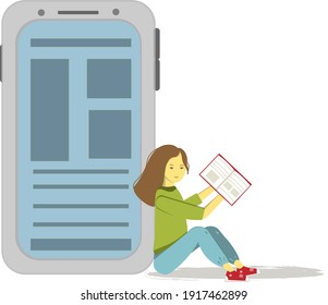 girl, woman sitting with a book near the big phone, girl reading a book, vector, flat illustration