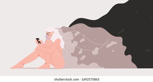 Girl Or Woman Sitting On A Floor And Listening To Music Feeling Lonely And Isolating, Facing Crises, Depression. Mental Health Problems. Woman Psychology Banner. Concept Of Inner Struggle And Stress.