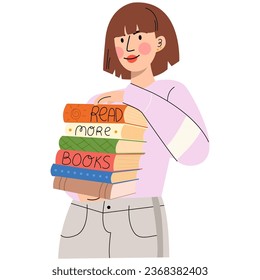 Chica, mujer con un montón de libros. Leer más libros.