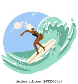 Girl, woman surfing, summer water sports. Flat graphic vector illustration isolated on white background