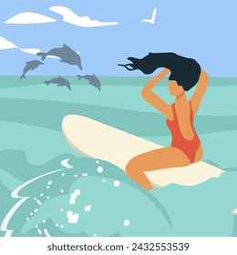 Girl, woman surfing, summer water sports. Flat graphic vector illustration isolated on white background