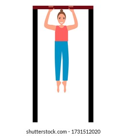 Girl woman training fitness pull-up sport on the bars exercise. Vector painting