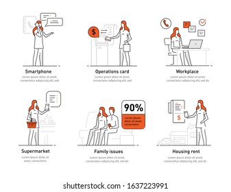 Girl woman various life issues and affairs. Family, relationships, convenience, work, home. Infographics, line, advertising banner video Eps10 file