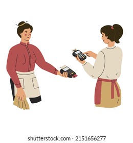 Girl or woman waiter holds out a terminal for non-cash payment in her hand. Payment in a restaurant for food. Issuing a check for services rendered. Flat style in vector illustration.