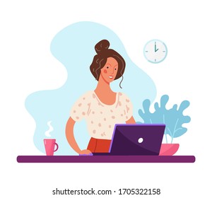 Girl or woman works, study at the computer. Concept illustration about home office, remote work, distance education, freelance. Vector flat cartoon isolated