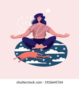 Girl, women doing yoga. Mind and emotions control. Health activity. Vector illustration. Poster, print, sticker, card design. Cat lies in relax, home pet, stars and clouds on carpet. Isolated element 