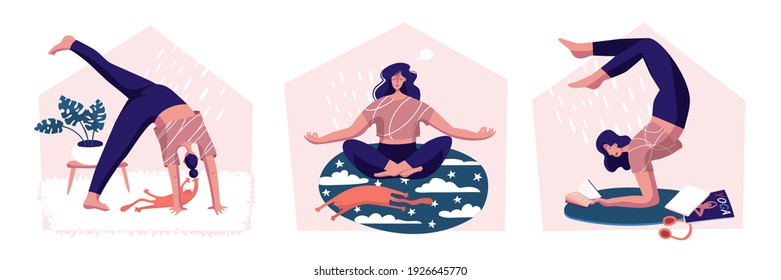 Girl, women doing yoga. Mind and emotions control. Health activity. Vector illustration. Poster, print, sticker, card design. Cat, home pet. 