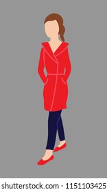 Girl or women dressed red coat in casual style walking and performing outdoor activities on city street. Cartoon colorful flat vector illustration isolated on grey background.