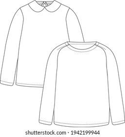 girl, women full sleeve Peter Pan collar top and round neck top flat sketch illustration, mock up