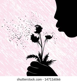 Girl women or kid blowing on dandelion flower vector illustration on grunge background. People child fun.