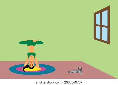 girl women making yoga. cat lying in room. sofa, windol