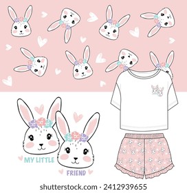 Сhildren girl women pajama pattern with cute bunny rabbit, kids print. Animal seamless background set, cute vector texture for kids bedding, fabric, wallpaper, wrapping paper, textile, t-shirt print. 