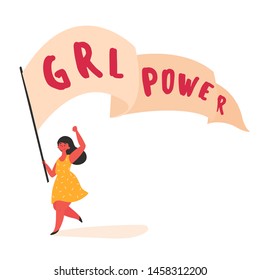 Girl women power and feminist movement. Girl with streamer and grl power slogan. Woman empowerment, feminism and equal rights vector concept for prints, t-shirts, cards. Happy youngster with banner