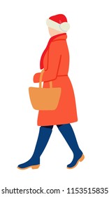 Girl or women wearing winter clothing and red new year cap and scarf walks and performs outdoor activities. Cartoon colorful flat vector illustration isolated on white background