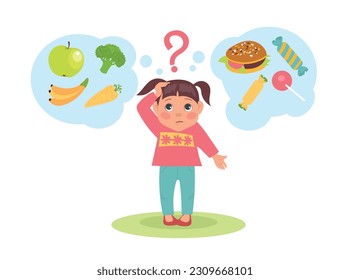 Girl wondered about choice between junk food and healthy meal. Making decision. Diet or fat nutrition. Vegetables and sweets. Kid choosing fruits or burger. Solving