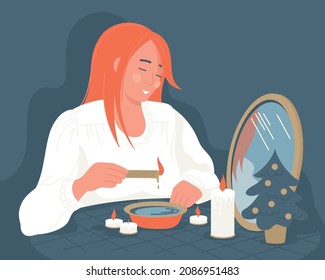 Girl wonders for her betrothed on Christmas night. Vector image.