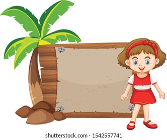 Girl and wooden sign by the coconut tree illustration