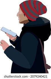 Girl with wool cap and cell phone