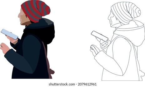 Girl with wool cap and cell phone