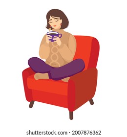 A girl in a wool sweater drinks hot coffee in a red armchair. Vector, white background, clipart.