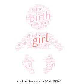 Girl. Word cloud, baby silhouette, white background. Family concept.