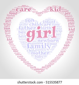 Girl. Word cloud, one heart inside another heart, gradient grey background. Family concept.