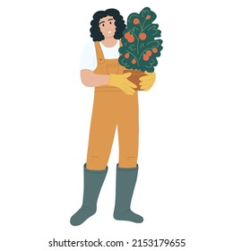 Girl in work clothes holding pot with fresh vegetables. Young farmer woman enjoy gardering in flat hand drawn style isolated on white background
