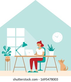 Girl work in comfortable conditions. Freelancer character working from home remotely. Self isolation. Flat vector concept for coronavirus quarantine