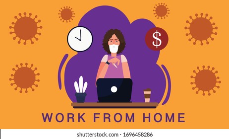 Girl Work from Home prevent Covid-19 or Corona Viruses.People keeping distance infection risk and disease Wearing a face mask in public to prevent infection.Concept of health care and social concern