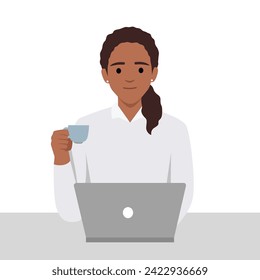 Girl work at laptop pc drinking coffee at workplace. Young female freelancer work at project outdoors at coworking space, coffee shop. Freelance occupation concept. Flat vector