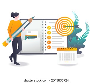 Girl with work plan book in isometric illustration