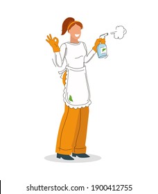 Girl worker with a gesture with his fingers OK, and a cleaning tool on white background. Advertising of a cleaning company. Vector illustration.
