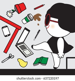 Girl Worker Kicks All Office Supplies On Friday Card Character illustration