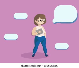 Niña trabajadora en la oficina. Nubes de pensamiento