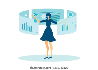 Girl Working with Augmented Reality Interface Flat Cartoon Vector Illustration. Businesswoman Wearing Headset and Looking at Virtual Financial Report with Graphs and Charts. Business Analytics in VR.