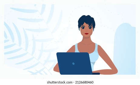 Girl working behind a laptop. Education or work concept. Vector in cartoon style.