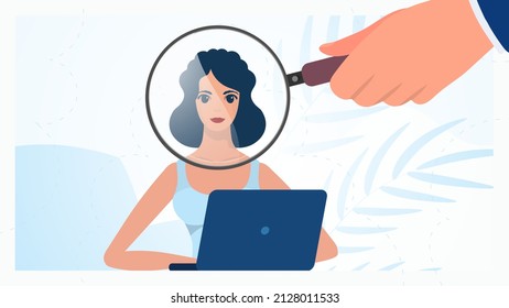 Girl working behind a laptop. Education or work concept. Cute illustration in flat style.